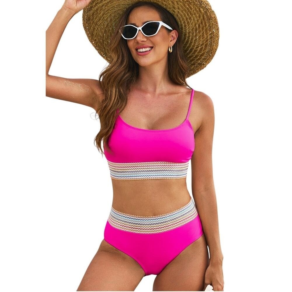 Rose Striped Patchwork Spaghetti Strap High Waist Bikini Swimsuit New Medium